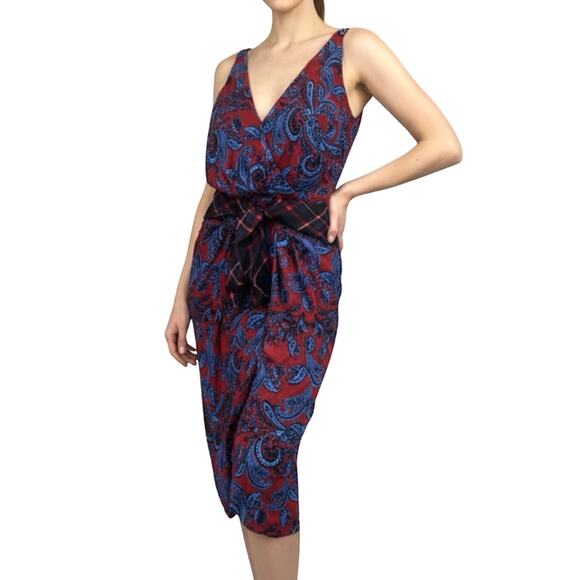 LAGENCE Red Blue Paisley Surplice Sleeveless Midi Dress - Picture 1 of 12